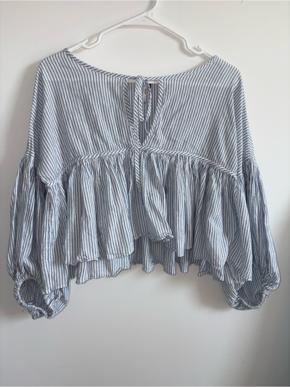 We The Free Blue and White Striped Ruffle Peasant Top